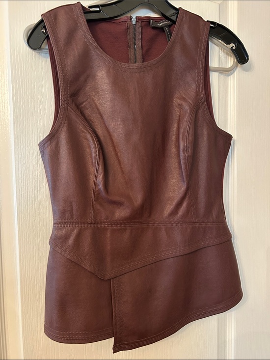 BCBGMaxAzria Tops - Women’s Sleeveless Faux Leather Peplum Top - Brown